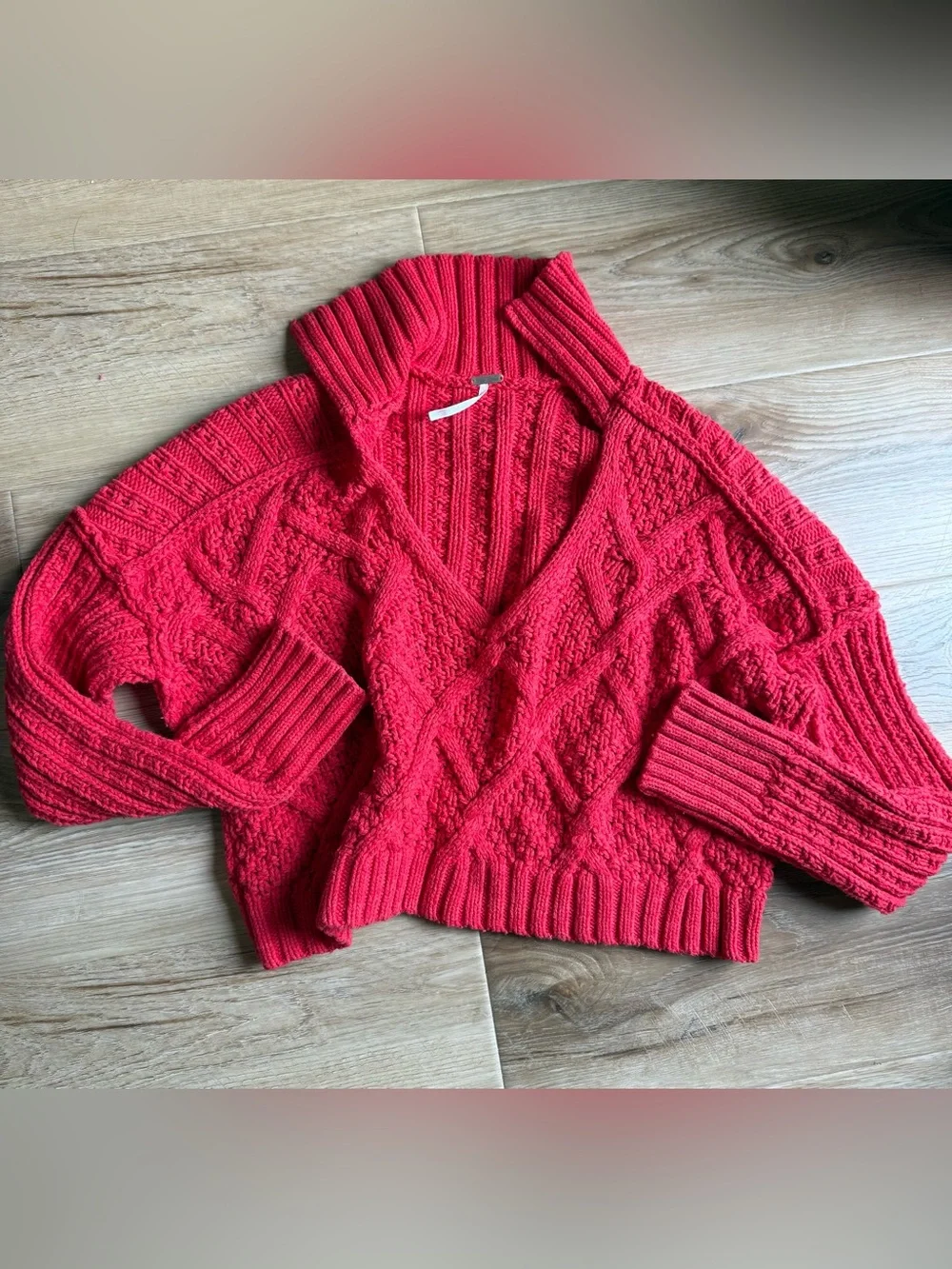 Free People Women's Red Cable Knit V-Neck Sweater